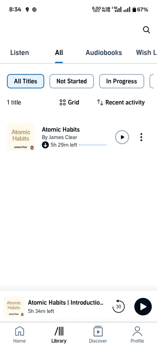 Audible mobile app library view showing audiobooks